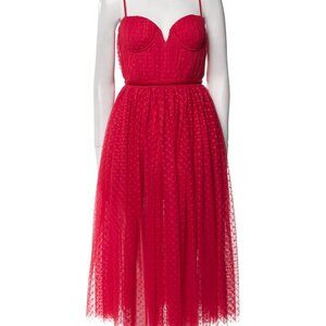 Sau Lee Selena Swiss Dot Tulle Bustier Midi Dress Red 4 / Small (S)